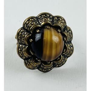Vintage West Germany Topaz Art Glass Brass Adjustable Twist Split Ring Tiger Eye